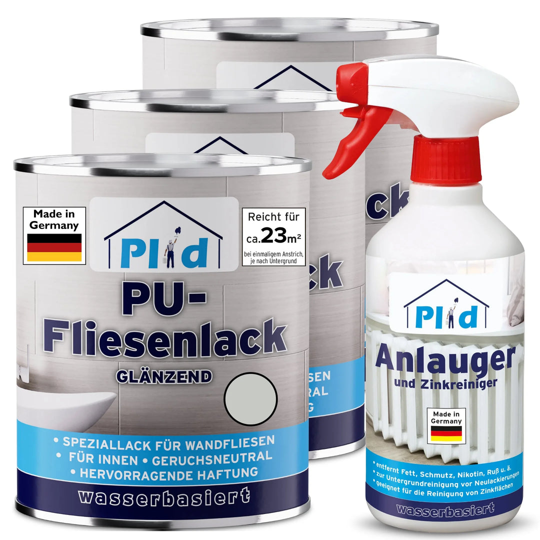 Drei Dosen plid PU-Fliesenlack mit Anlauger und ein Zinkreinigungsspray, alles Made in Germany. Die Produkte auf Wasserbasis sind perfekt für Bad &amp; Küche, tragen deutsche Etiketten mit Hauslogo und sind für den Innenbereich gedacht.