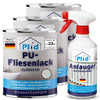 Drei Dosen plid PU-Fliesenlack mit Anlauger plus ein Anlauger und Zinkreiniger Spray, alle mit blau-weiß-rotem Design. Auf Wasserbasis und made in Germany - perfekt für die Renovierung von Fliesen in Bad und Küche.