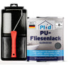 Ein rotstieliger Farbroller und eine Schale aus dem plid PU-Fliesenlack Lackierset stehen neben einer Dose glänzendem, wasserbasiertem PU-Fliesenlack - ideal für die Renovierung von Wandfliesen in Bad und Küche. Das deutsche Etikett weist auf starke Haftung und geringen Geruch hin.