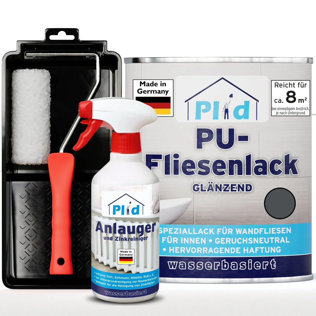 Das plid PU-Fliesenlack Set mit Anlauger und Lackierset (glänzend, wasserbasiert) für Bad &amp; Küche deckt 8 m² ab, ist geruchsneutral, stark haftend, mit einem Hauslogo beschriftet - ideal für die Renovierung von Wandfliesen. Inklusive Farbroller und Sprühflasche.