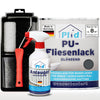 Das PU-Fliesenlack Set mit Anlauger und Lackierset von plid, ein in Deutschland für Bad & Küche hergestelltes Set auf Wasserbasis, enthält Fliesenfarbe, eine Sprühflasche für Anlauger und Zinkreiniger und einen Farbroller - alles zusammen.