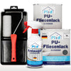 Das plid PU-Fliesenlack Set mit Anlauger und Lackierset enthält einen Farbroller mit rotem Griff, ein Tablett, eine Sprühflasche und zwei Dosen glänzende Fliesenfarbe mit blau-weißem Etikett mit deutschem Text und "Made in Germany"-Siegel.