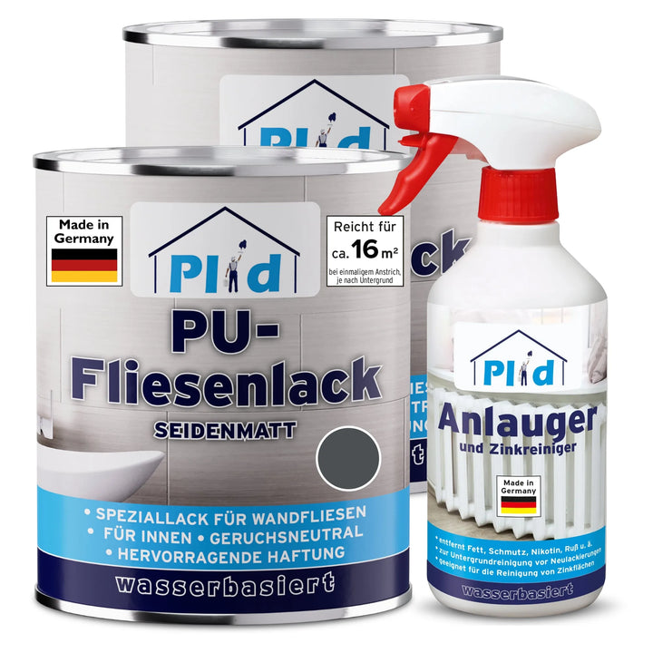 Drei Gebinde plid PU-Fliesenlack mit Anlauger-zwei Dosen Fliesenlack und eine Sprühflasche-Made in Germany mit blau-weißem Design, ideal für die Renovierung von Bad- und Küchenfliesen.