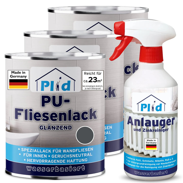 Drei Dosen plid PU-Fliesenlack mit Anlauger und ein plid Sprühreiniger, alle mit blauen/grauen Akzenten und "Made in Germany"-Branding - ideal für die Renovierung von Fliesen in Bad oder Küche.