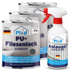 Drei Dosen plid PU-Fliesenlack mit Anlauger für Bad- und Küchenfliesenrenovierung, alle Made in Germany, auf Wasserbasis, mit blauen und weißen Etiketten. Inklusive einer Sprühflasche Reiniger.