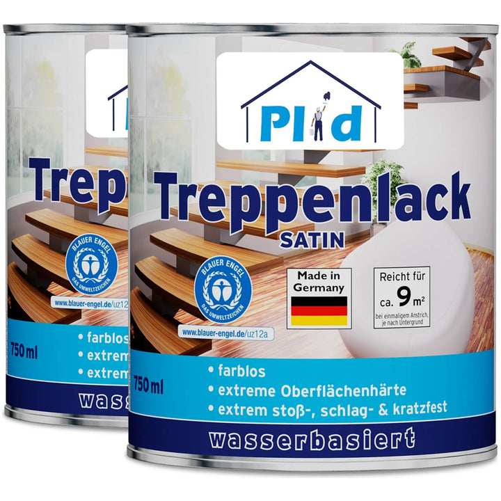 Zwei Dosen plid Treppenlack - strapazierfähig &amp; schnell trocknend (seidenmatter, rutschfester Treppenlack auf Wasserbasis). Auf jeder 750-ml-Dose sind Holztreppen, Schlüsseldetails, die deutsche Flagge und das Umweltzeichen Blauer Engel abgebildet.