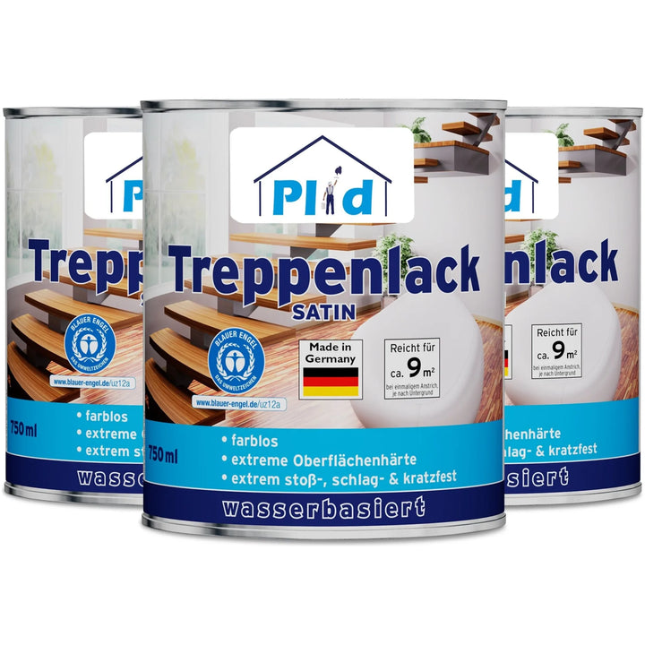 Drei Dosen plid Plid Treppenlack - strapazierfähig &amp; schnell trocknend, ein deutscher Treppenlack auf Wasserbasis mit hoher Kratzfestigkeit; rutschhemmend, farblos; jede Dose reicht für 9 m².
