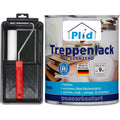 Ein plid Treppenlack - Lackierset mit Farbroller und Schale ist neben einer Dose plid Treppenlack glänzend, auf Wasserbasis, farblos, 750 ml, made in Germany, deckt bis zu 9 m²-perfekt für jede Holztreppe.