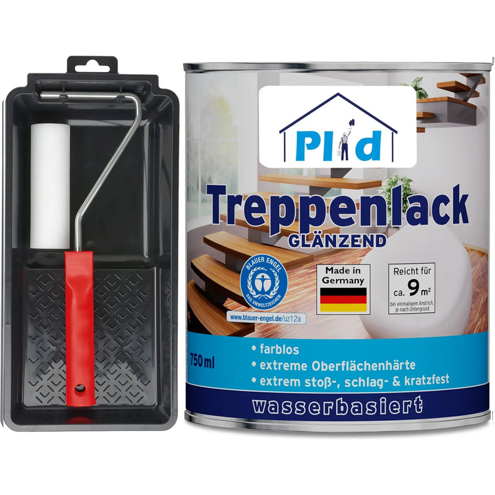 Ein plid Treppenlack - Lackierset mit Farbroller und Schale ist neben einer Dose plid Treppenlack glänzend, auf Wasserbasis, farblos, 750 ml, made in Germany, deckt bis zu 9 m²-perfekt für jede Holztreppe.
