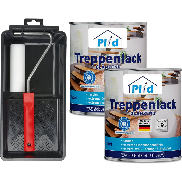 Ein schwarzes Lacktablett mit rotem Stielroller aus dem plid Treppenlack - Lackierset steht neben zwei PID Treppenlack-Dosen, einem wasserbasierten Glanzlack für Holztreppen, der mit der Aufschrift Made in Germany" und dem Motiv einer Holztreppe versehen ist.