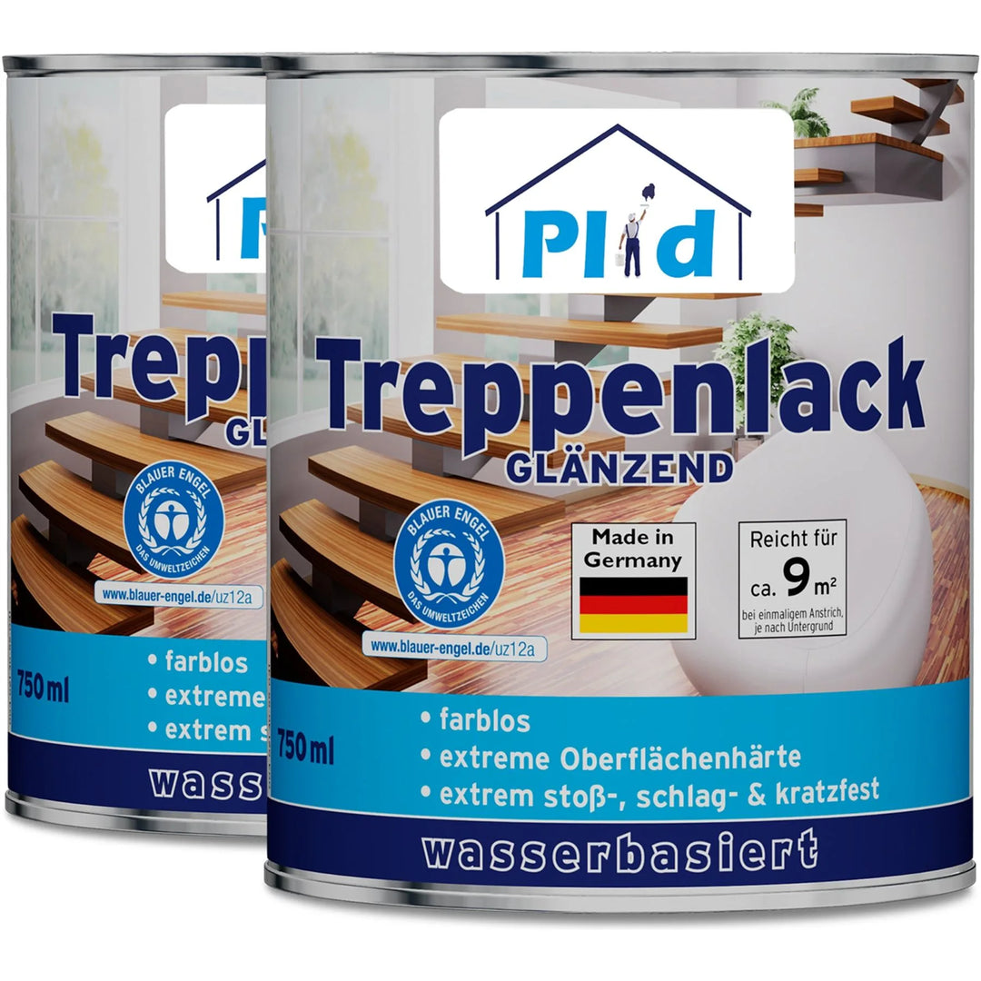 Zwei Dosen plid Treppenlack - strapazierfähig &amp; schnell trocknend mit blauen Etiketten zeigen Holztreppen und deutsche Details: Made in Germany, wasserbasierte Formel und rutschhemmend.