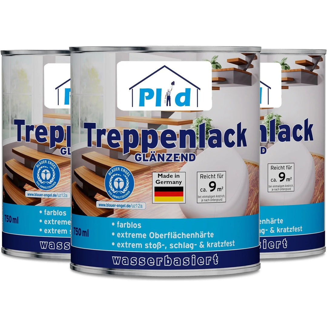 Drei 750 ml Dosen plid Treppenlack - strapazierfähig &amp; schnell trocknend, deutsches Etikett; wasserbasierter, farbloser Lack mit rutschhemmender Oberfläche, hoher Oberflächenhärte und ~9 m² Reichweite pro Dose.