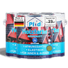 Drei Dosen der plid Wetterschutz Holzfarbe - deckend & wetterfest für innen & außen. Blaue Etiketten mit rotem Haus, deutschem und grünem Zertifikat und dem Hinweis, dass die Farbe auf Wasserbasis, seidenmatt und elastisch ist und dauerhaften Wetterschutz bietet.