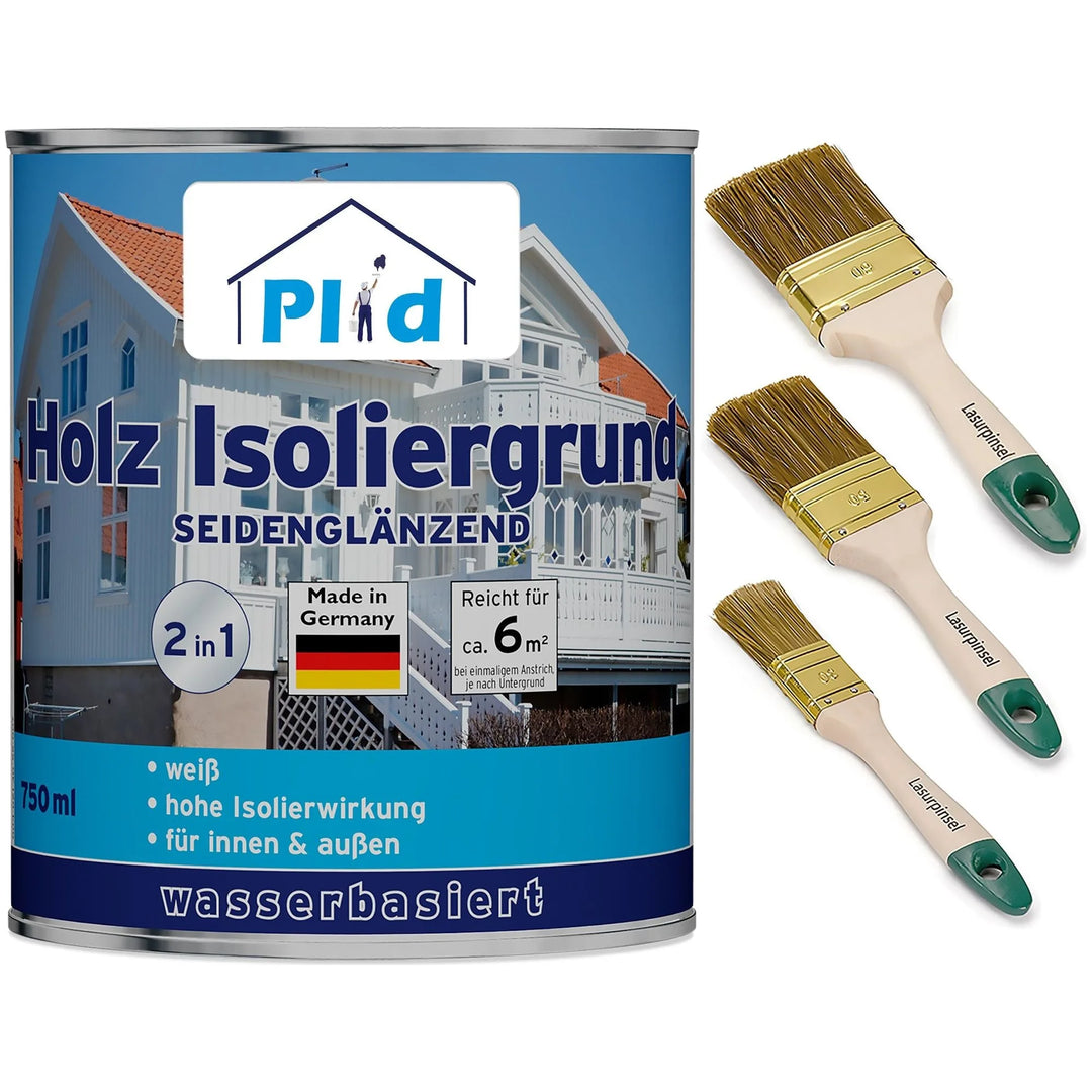Das plid Holz-Isoliergrund - Anstreichset enthält eine 750 ml Dose Holzgrundierung mit Hausmotiv und deutschem Text sowie drei Pinsel mit hellem Stiel und grünen Akzenten - perfekt für effektiven Holzschutz.