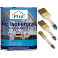 Das plid Holz-Isoliergrund - Anstreichset enthält eine 750 ml Dose Holzgrundierung mit Hausmotiv und deutschem Text sowie drei Pinsel mit hellem Stiel und grünen Akzenten - perfekt für effektiven Holzschutz.