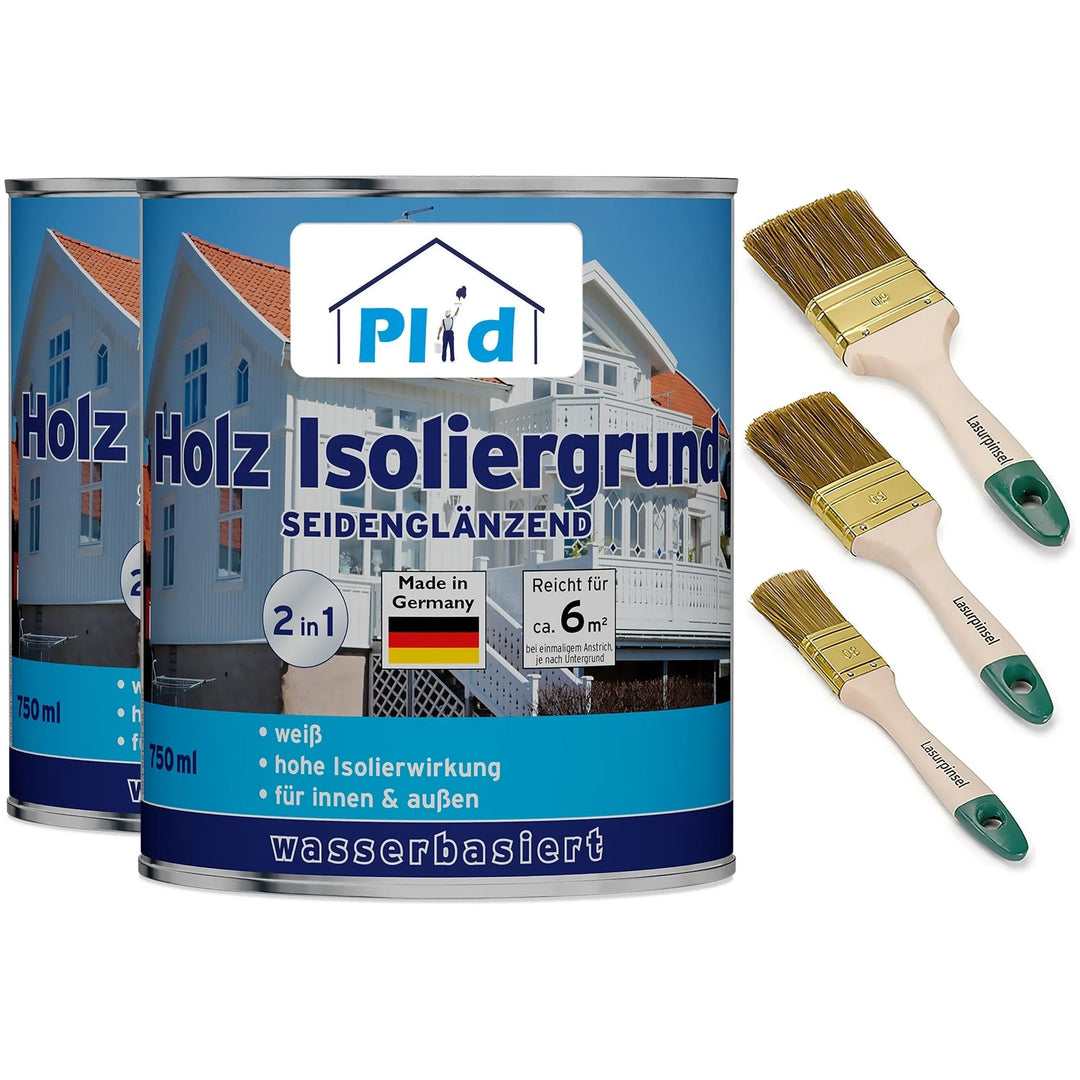 Das plid Holz-Isoliergrund - Anstreichset enthält zwei blau beschriftete Dosen mit einem Haus und deutschem Text sowie drei Pinsel. Die wasserbasierte Formel ist ideal für Holzschutzprojekte im Innen- und Außenbereich.