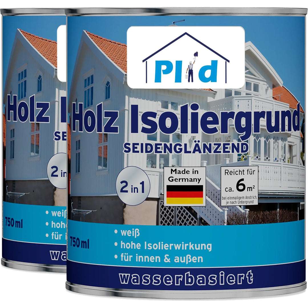 Abgebildet sind zwei Dosen plid Holz-Isoliergrund Holzgrundierung. Das deutsche Etikett hebt Verfärbungsschutz und Haftgrund hervor, zeigt ein weißes Haus, Produktinfos, eine Made in Germany-Flagge. Jede Halbglanzdose deckt ca. 6 m².