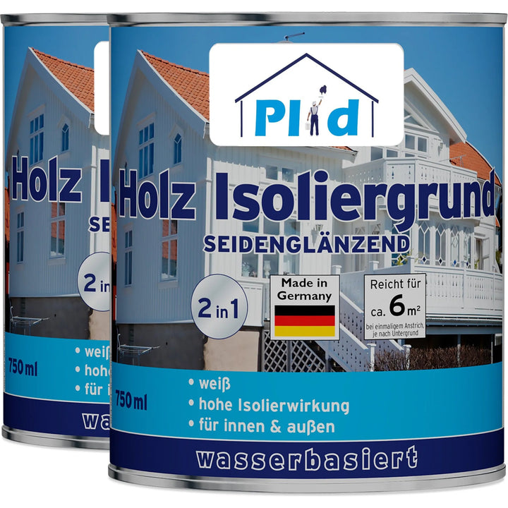 Abgebildet sind zwei Dosen plid Holz-Isoliergrund Holzgrundierung. Das deutsche Etikett hebt Verfärbungsschutz und Haftgrund hervor, zeigt ein weißes Haus, Produktinfos, eine Made in Germany-Flagge. Jede Halbglanzdose deckt ca. 6 m².
