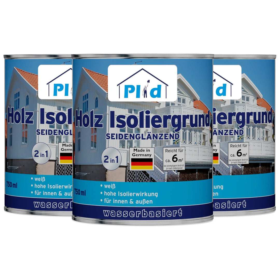 Abgebildet sind drei Dosen von plid Holz-Isoliergrund - gegen Holzinhaltsstoffe &amp; Verfärbungen. Die blau-weißen Dosen zeigen ein Haus, Produktangaben und weisen auf wasserbasierten Fleckenschutz und Grundierung für den Innen- und Außenbereich hin.
