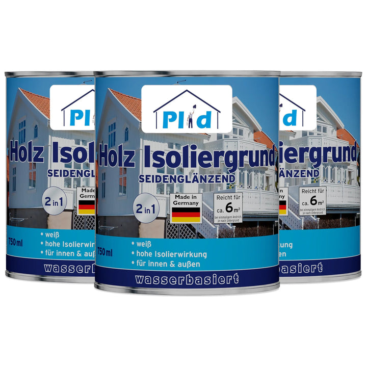 Abgebildet sind drei Dosen von plid Holz-Isoliergrund - gegen Holzinhaltsstoffe &amp; Verfärbungen. Die blau-weißen Dosen zeigen ein Haus, Produktangaben und weisen auf wasserbasierten Fleckenschutz und Grundierung für den Innen- und Außenbereich hin.