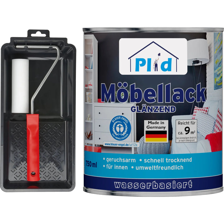 Eine Dose plid Möbellack - Lackierset, 750 ml, glänzender Wasserlack mit deutschen Etiketten steht neben einem Farbroller und einer Schale. Die umweltfreundliche Dose zeigt lackierte Möbel für professionelle Lackierungen.