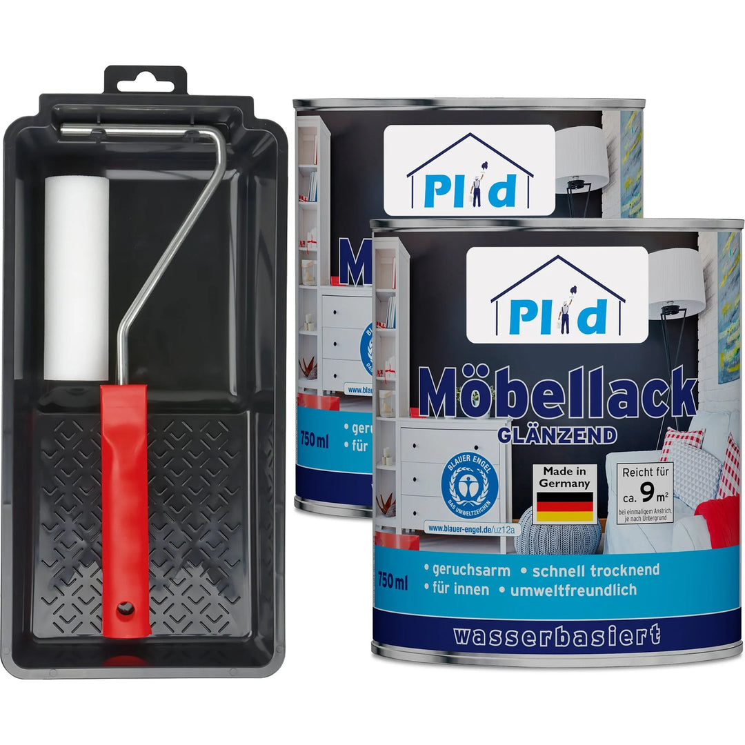 Das plid Möbellack - Lackierset enthält einen Farbroller, eine schwarze Schale und zwei Dosen Premium Weißlack glänzend auf Wasserbasis mit deutschen Etiketten - perfekt für die professionelle Möbellackierung.