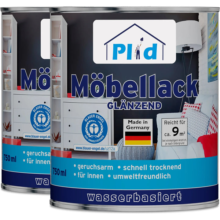 Zwei Dosen plid Möbellack - kratzfest &amp; seidenmatt für Holz und Innenräume, je 750 ml. Wasserbasiert, geruchsneutral, schnelltrocknend, umweltfreundlich und made in Germany. Das Etikett zeigt ein Möbelstück mit einer Innenraumabbildung.