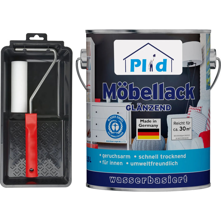 Ein plid Möbellack - Lackierset mit Tablett steht neben einer großen Dose plid Premium Weißlack glänzend auf Wasserbasis, beschriftet mit Bildern von lackierten Möbeln in deutscher Sprache.