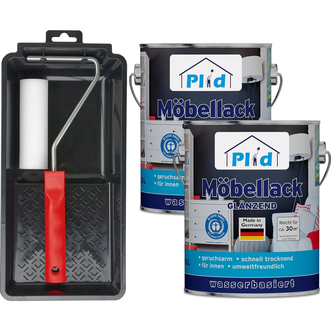 Das plid Möbellack - Lackierset enthält einen rotstieligen Roller und zwei Dosen glänzenden, wasserbasierten Premium Weißlack, Made in Germany - ideal für die professionelle Möbellackierung im modernen Interieur.