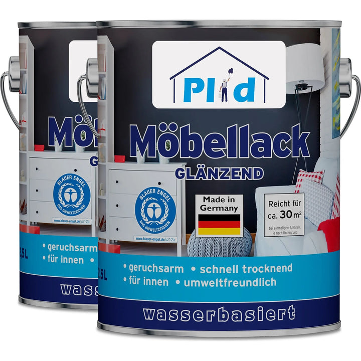 Zwei Dosen plid Plid Möbellack - kratzfest &amp; seidenmatt für Holz &amp; Innenbereiche, in blau-weißer Verpackung. Wasserbasiert, umweltfreundlich, made in Germany - ideal für moderne Innenräume.