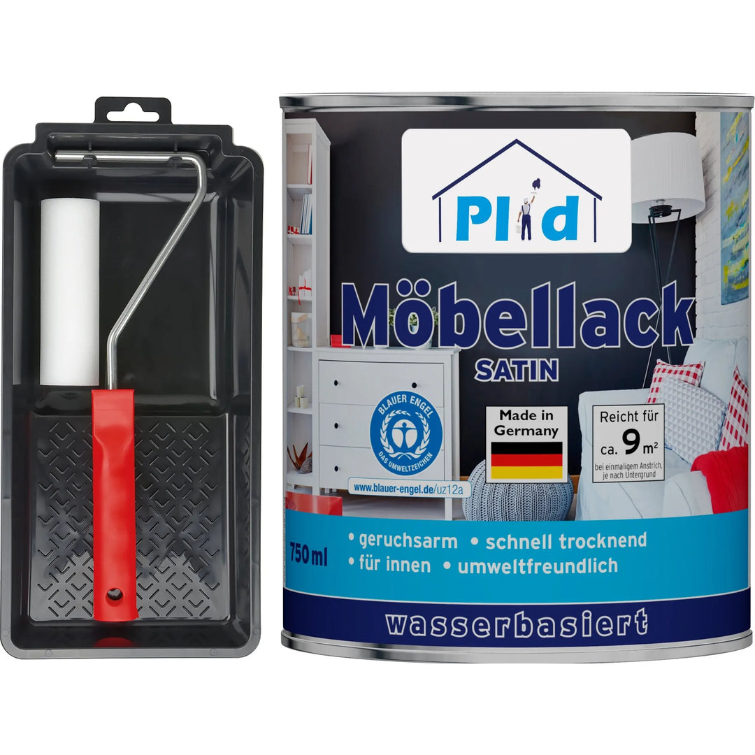 Ein plid Möbellack - Lackierset mit schwarzer Schale und rotem Stielroller steht neben plid Möbelack Satin Wasserlack, beides "Made in Germany" und "umweltfreundlich" - perfekt für die professionelle Möbellackierung.