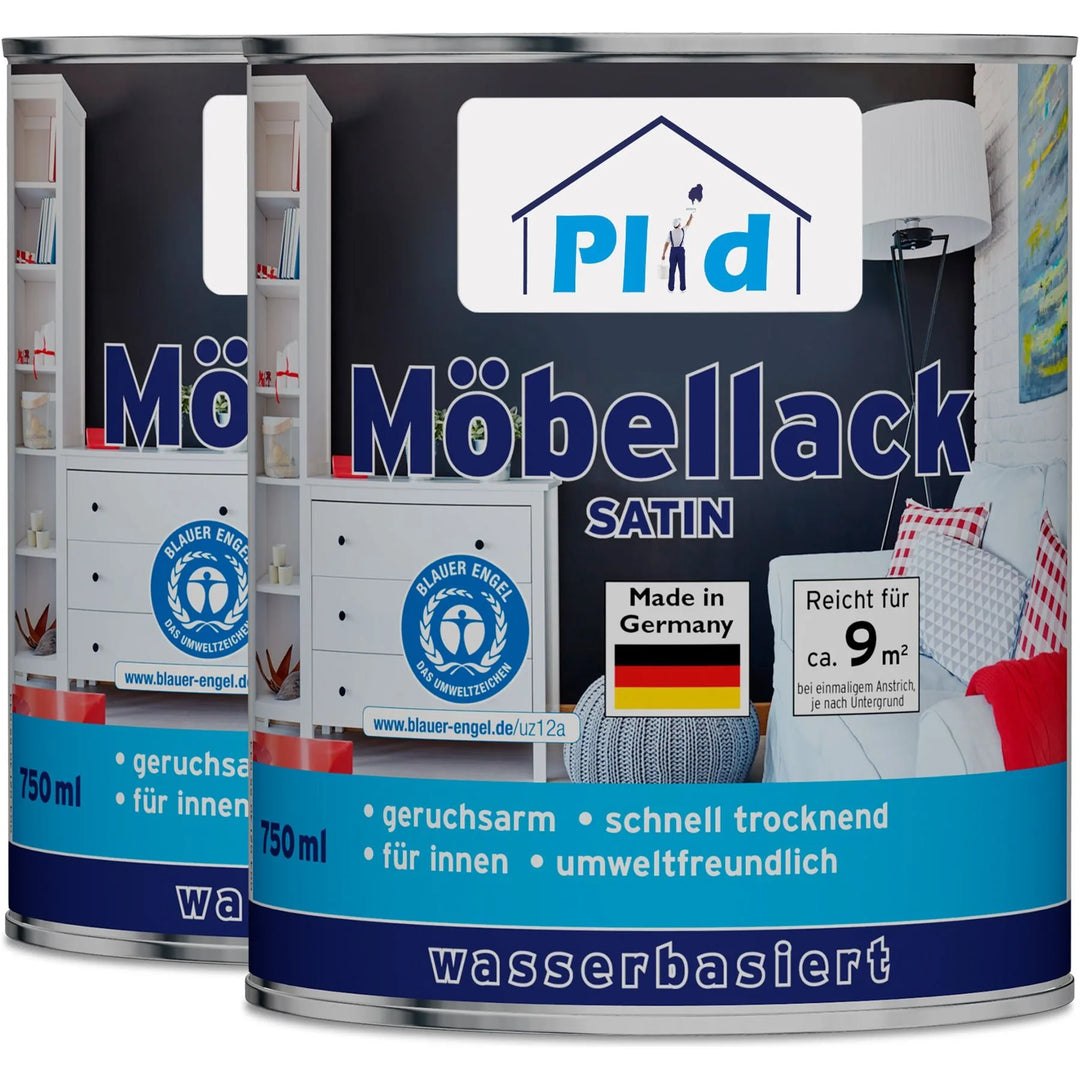 Abgebildet sind zwei Dosen plid Möbellack - kratzfest &amp; seidenmatt für Holz &amp; Innenbereiche mit Etiketten, die auf Geruchsarmut, schnelle Trocknung, Haltbarkeit (kratz- und abriebfest), Umweltfreundlichkeit, Innentauglichkeit und Made in Germany hinweisen.