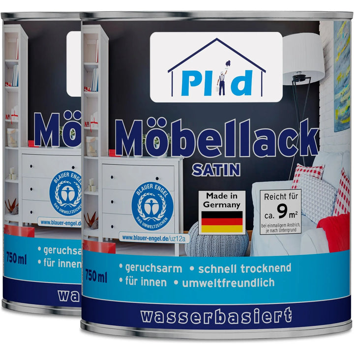 Abgebildet sind zwei Dosen plid Möbellack - kratzfest &amp; seidenmatt für Holz &amp; Innenbereiche mit Etiketten, die auf Geruchsarmut, schnelle Trocknung, Haltbarkeit (kratz- und abriebfest), Umweltfreundlichkeit, Innentauglichkeit und Made in Germany hinweisen.