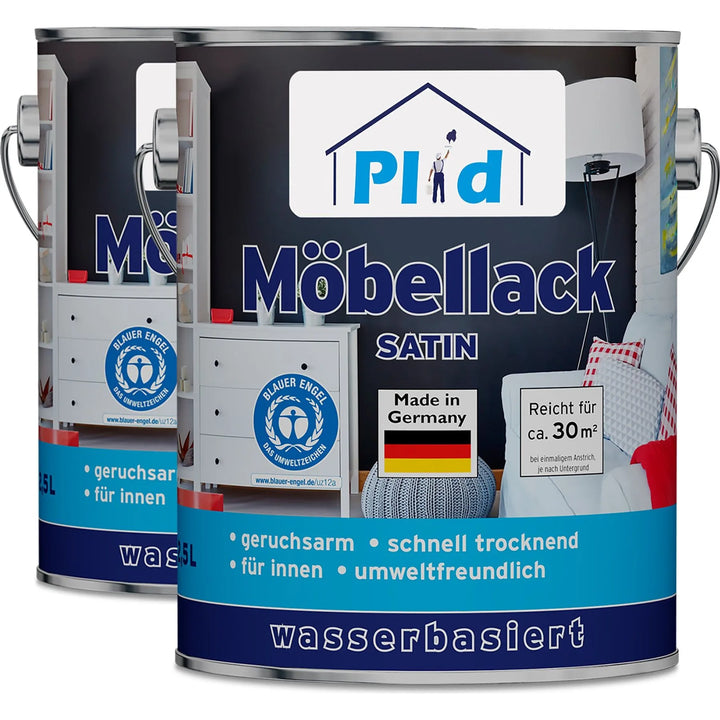Zwei Dosen plid Plid Möbellack - kratzfest &amp; seidenmatt für Holz &amp; Innenbereiche sind nebeneinander abgebildet. Die wasserbasierte, geruchsarme und schnell trocknende Farbe ist umweltfreundlich und deckt pro Dose bis zu 30 m².