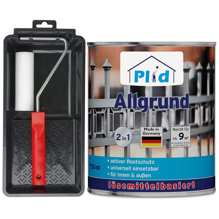 Ein plid Allgrund - Anstreichset mit rotem Griff und Wanne steht neben einer Dose plid Grundierung für innen und außen mit Korrosionsschutz und Haftvermittler-Eigenschaften.