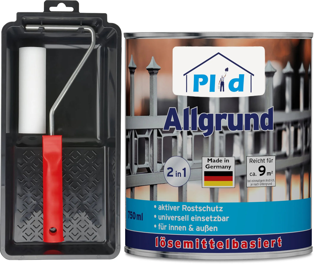 Ein plid Allgrund - Anstreichset Farbroller mit rotem Griff in einer schwarzen Schale steht neben einer Dose plid Allgrund 2-in-1 Grundierung auf Lösemittelbasis, die ein Torbild und den deutschen Text für Korrosionsschutz und Innen-/Außenanwendung zeigt.