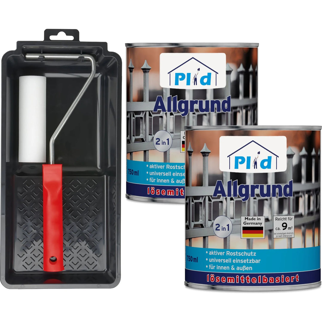 Das plid Allgrund - Anstreichset enthält eine schwarze Farbwanne, einen Roller mit rotem Griff und zwei Dosen PID Allgrund 2-in-1 Grundierung und Rostschutzfarbe mit Zaunmotiv auf den Dosen.