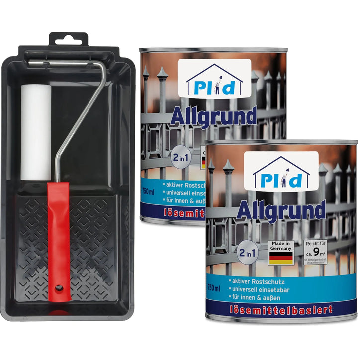 Das plid Allgrund - Anstreichset enthält eine schwarze Farbwanne, einen Roller mit rotem Griff und zwei Dosen PID Allgrund 2-in-1 Grundierung und Rostschutzfarbe mit Zaunmotiv auf den Dosen.
