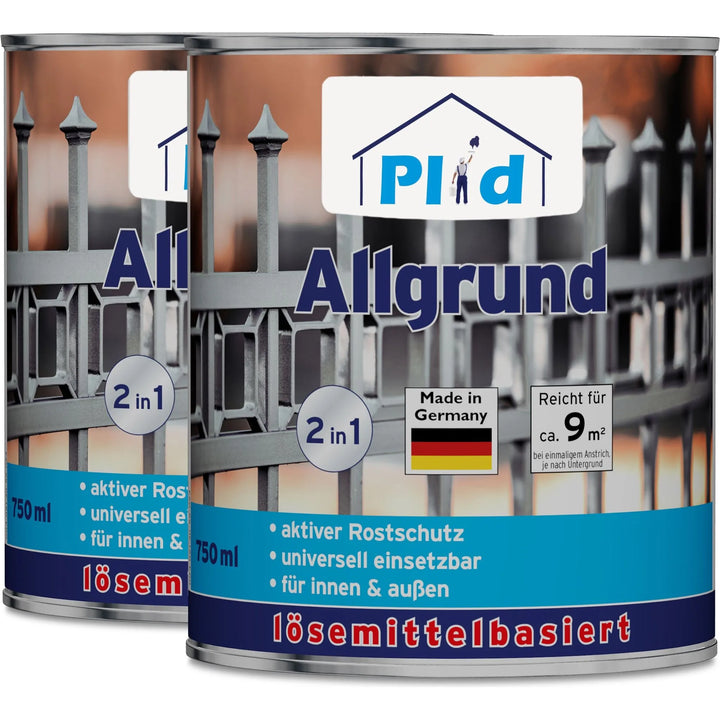 Zwei 750 ml Dosen plid Allgrund Universal-Haftgrund für Metall, Holz &amp; Kunststoff mit aktivem Korrosionsschutz, für innen und außen. Deckt 9m² pro Dose. Hergestellt in Deutschland.