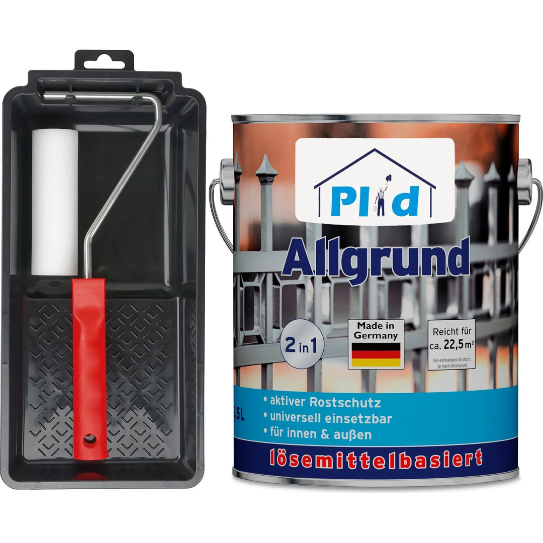 Ein plid Allgrund - Anstreichset Farbroller mit rotem Griff und Wanne steht neben einer großen Dose Grundierung mit Korrosionsschutz, Torbild, deutschem Text und Made in Germany Etikett.