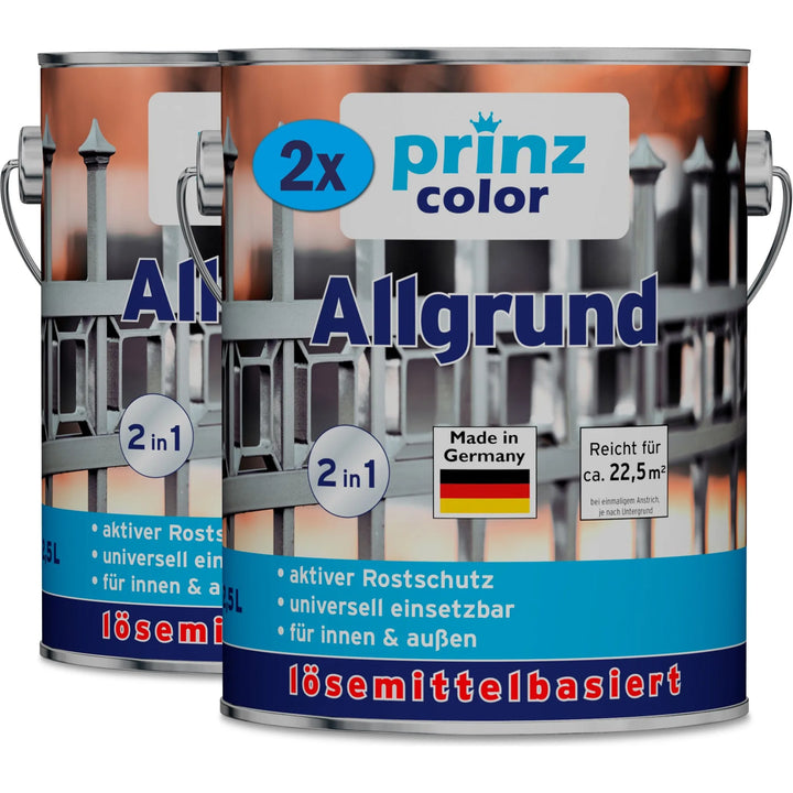 Zwei Metalldosen plid Plid Allgrund - Universal-Haftgrund für Metall, Holz &amp; Kunststoff, mit der Bezeichnung 2 in 1 und Made in Germany, bieten universellen Einsatz und zuverlässigen Korrosionsschutz für mehrere Oberflächen.