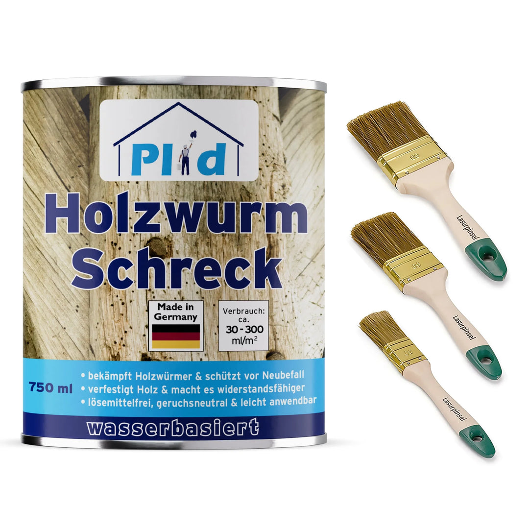 Eine 750-ml-Dose plid Holzwurm Schreck - Anstreichset für Holzwurmbekämpfung, mit blau-weißem deutschem Etikett und Holzschutz-Info, steht neben drei Pinseln unterschiedlicher Größe.