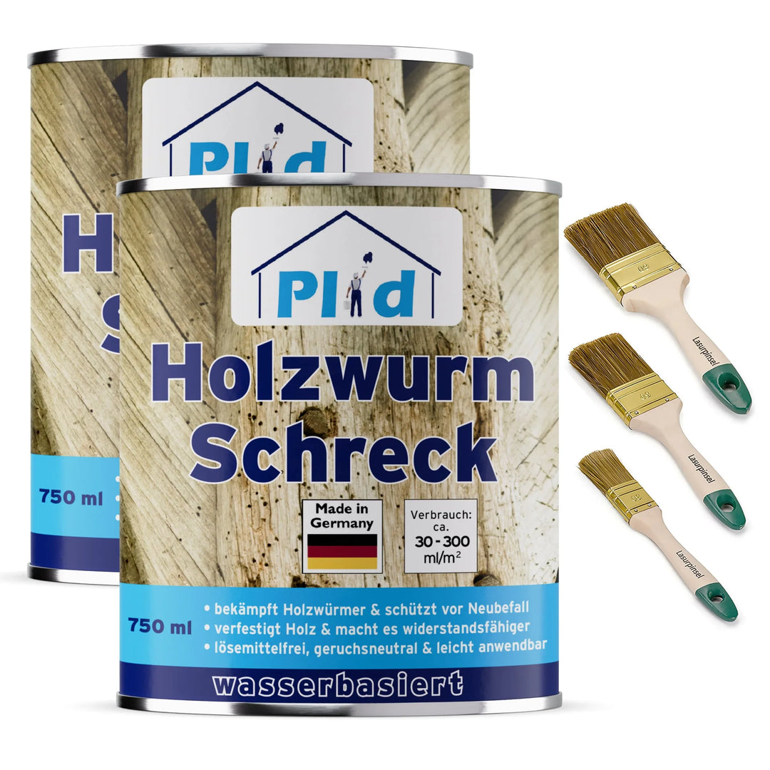 Zwei Dosen plid Holzwurm Schreck - Anstreichset (je 750 ml) mit einem holzfarbenen Hintergrund und drei Pinseln. Diese in Deutschland hergestellte, wasserbasierte Formel bietet effektive Holzwurmbekämpfung für Ihre Projekte.