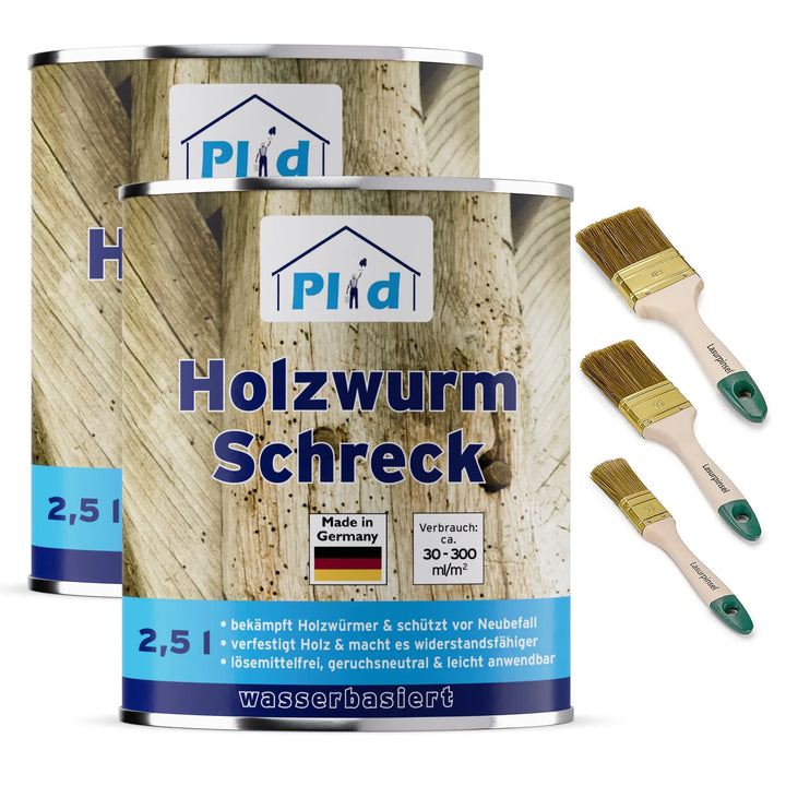 Das plid Holzwurm Schreck - Anstreichset enthält zwei Dosen Holzbehandlungsmittel zur Holzwurmentfernung mit deutschem Text, Holzhintergrund, blauen Akzenten, sowie drei Pinsel mit grünem und goldenem Stiel, wie rechts abgebildet.