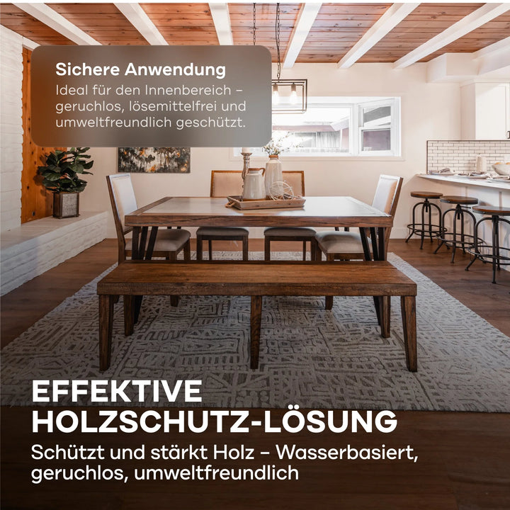 Ein modernes Esszimmer mit Holztisch und -bänken, neutralem Dekor und sichtbaren Balken. Der eingeblendete Text wirbt für das Holzwurm Schreck - Anstreichset von plid, eine effektive, umweltfreundliche Holzschutzlösung für Innenräume.