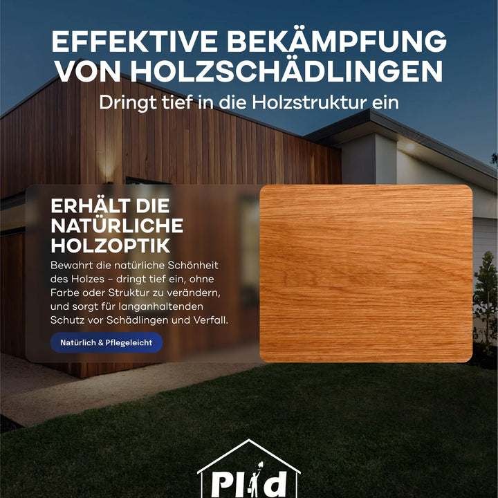 Gezeigt wird ein modernes Holzhaus in der Abenddämmerung. Overlays heben die Holzstruktur hervor, während ein deutscher Text erklärt, wie plid Holzwurm Schreck - Anstreichset das natürliche Holz bewahrt. Das plid-Logo erscheint am unteren Rand.