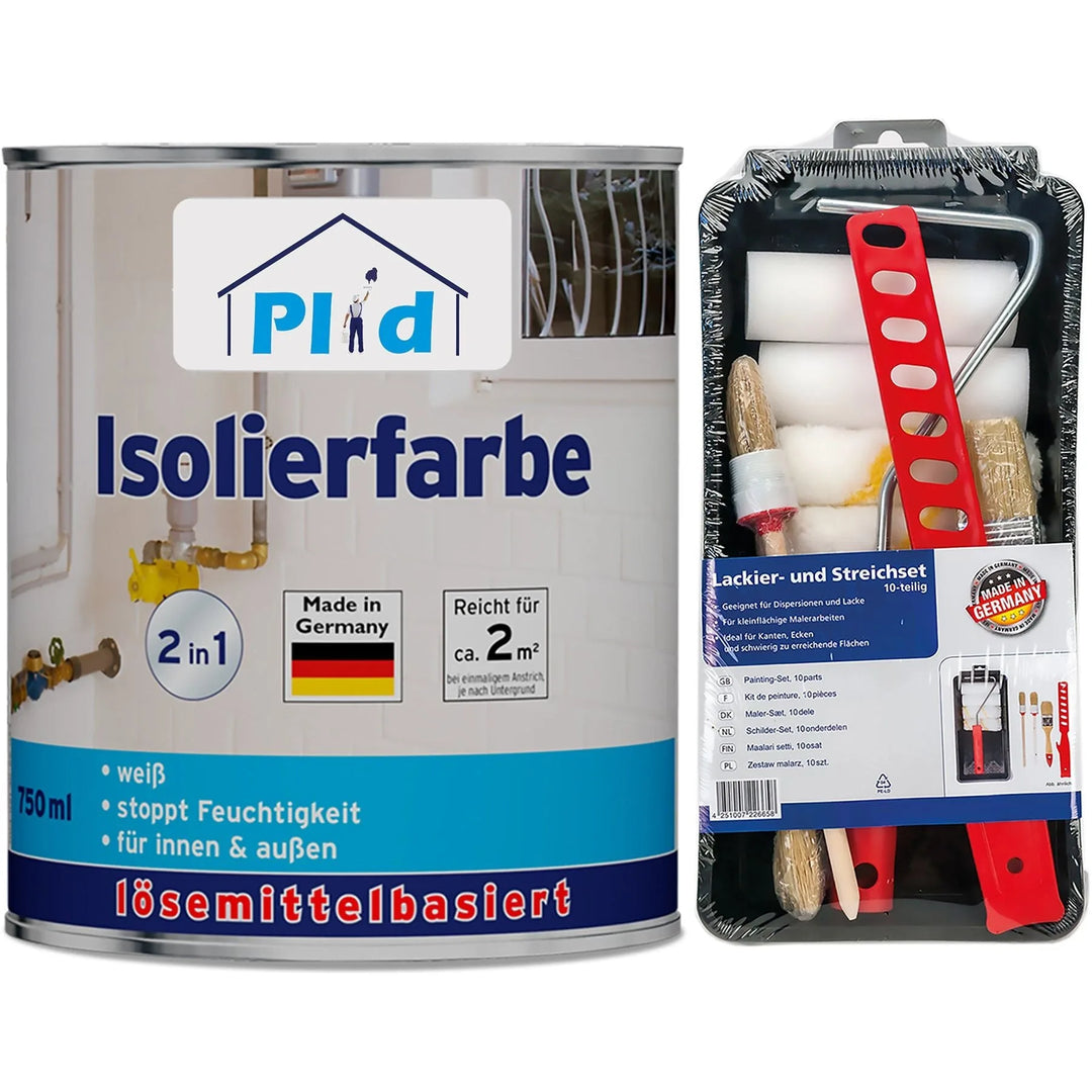 Eine Dose plid Isolierfarbe LH Anstreichset - Nikotinsperre gegen Verfärbungen für innen/außen, ideal zum Abdecken von Wasserflecken und zum Stoppen von Feuchtigkeit, abgebildet neben einem Farbroller- und Pinselset in Kunststoffverpackung.