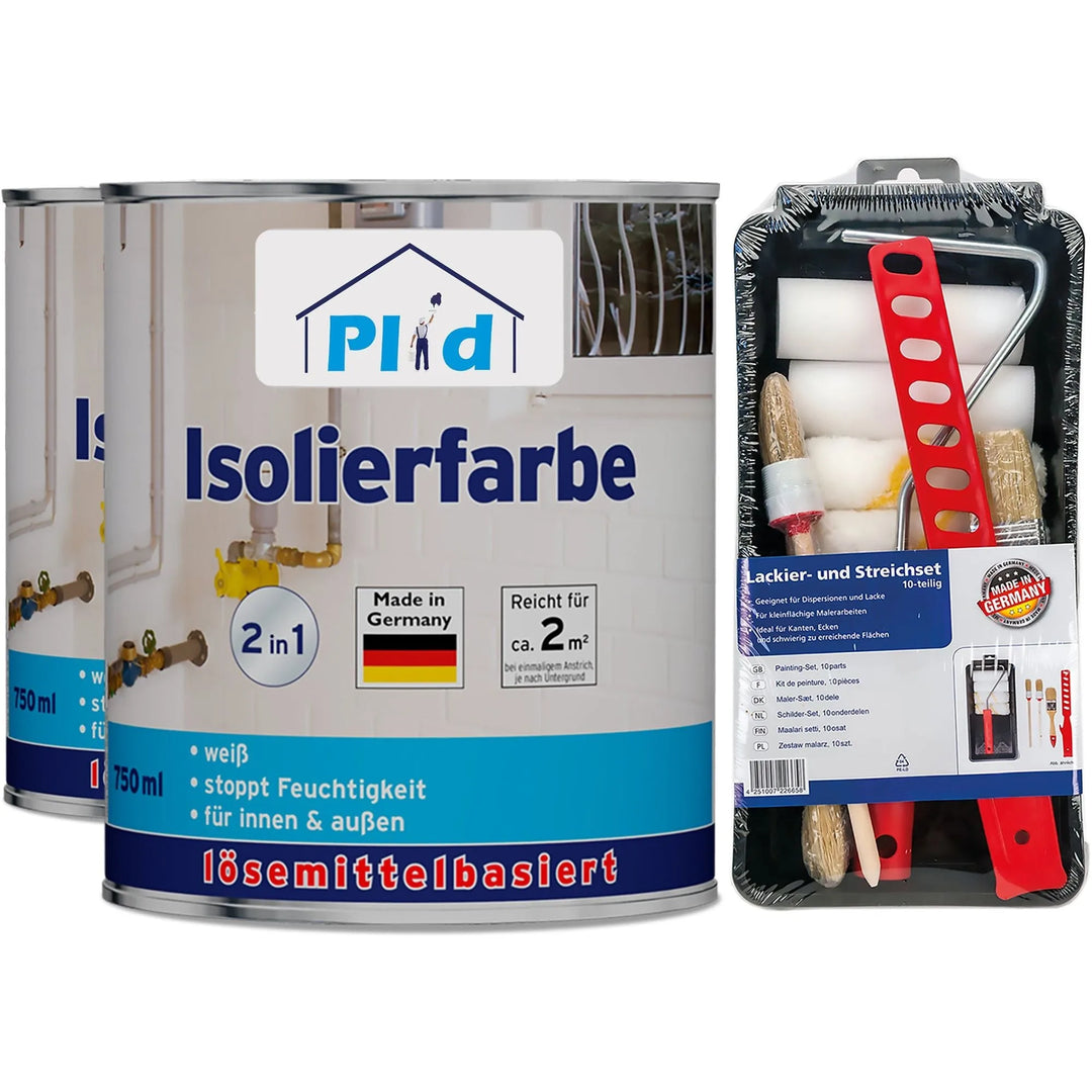 Das plid Isolierfarbe LH Anstreichset - Nikotinsperre gegen Verfärbungen enthält zwei Dosen mit deutschem Text und ein Malwerkzeugset (Rollen, Pinsel, Schale), nebeneinander auf weiß abgebildet. Ideal zum Wasserflecken abdecken.