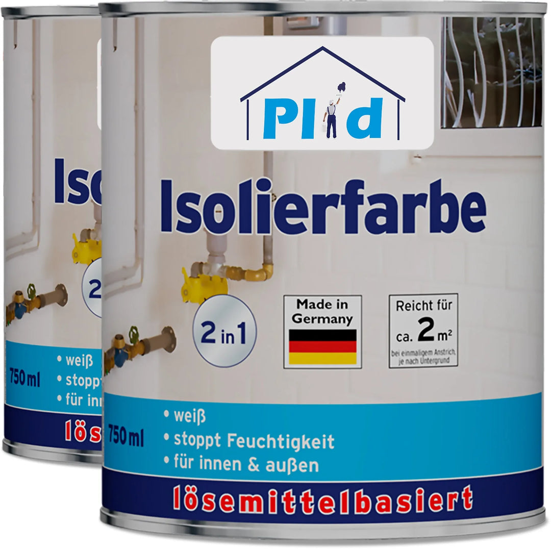 Zwei Dosen plid Isolierfarbe lösemittelbasiert mit der Aufschrift "2 in 1" und "Made in Germany" zeigen einen deutschen Text zur Fleckabdeckung und Feuchtigkeitsbeständigkeit. Weiße und blaue Dosen sind mit Sanitärrohren im Hintergrund abgebildet.