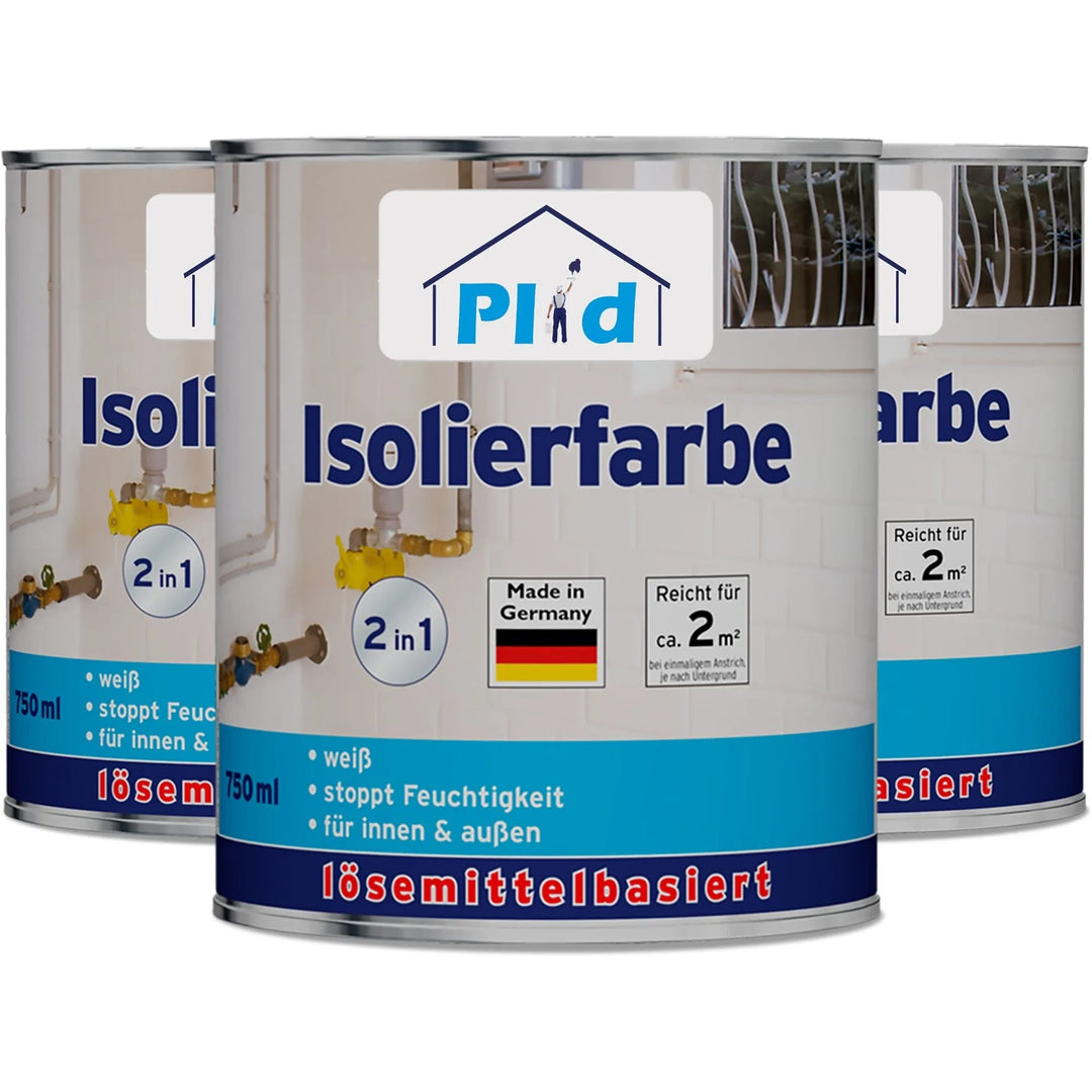 Drei Dosen plid Isolierfarbe lösemittelbasiert, 2 in 1, Made in Germany, weiß, je 750ml. Deckt ca. 2m² ab, für innen/außen; blockt Feuchtigkeit und deckt Flecken wie Nikotin und Wasserflecken ab.